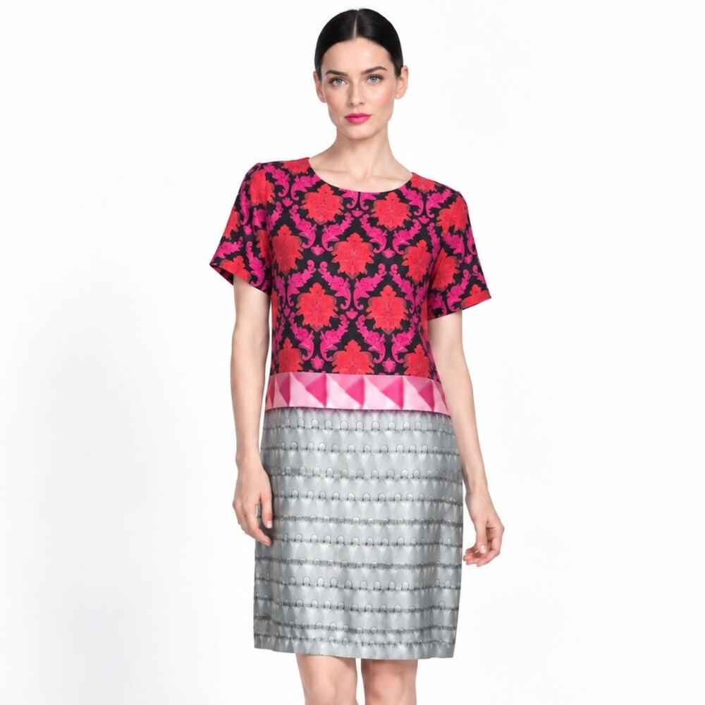 Mary Katrantzou 100% Silk Pink Damask Mini Shift Dress